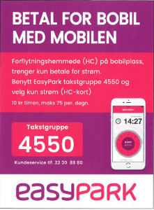 Reklameplakat for EasyPark mobilbetaling for bobilparkering. Teksten lyder: 'BETAL FOR BOBIL MED MOBILEN'. Det er en spesiell notis for forflytningshemmede (HC) som parkerer på bobilplass, at de kun trenger å betale for strøm. Det oppfordres til å benytte EasyPark takstgruppe 4550 og velge 'kun strøm (HC-kort)' til 10 kr timen, maks 75 kr per dag. Midt på plakaten er det et stort nummer '4550' og en illustrasjon av en mobiltelefon med EasyPark-appen åpen. Nederst er EasyPark-logoen og kundeservice-telefonnummeret 23 30 88 80